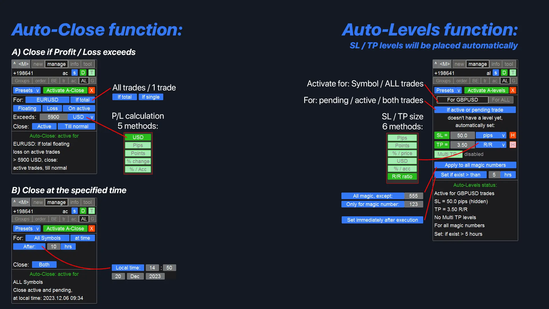 Advanced trailing stop and order trailing options
